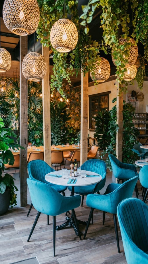 رستورانی با گیاهان زیاد از سقف و دیوار