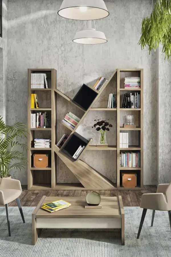 قفسه کتاب مدرن با طرح‌های هندسی
