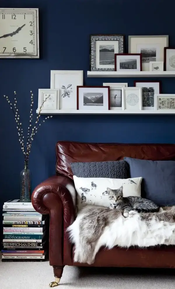 دیوار آبی و مبل قهوه‌ای، یک ترکیب جسورانه
