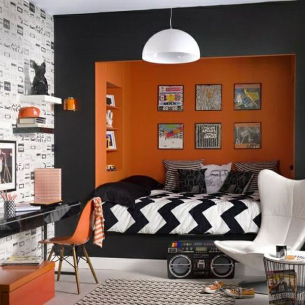 ترکیب نارنجی و مشکی در اتاق خواب